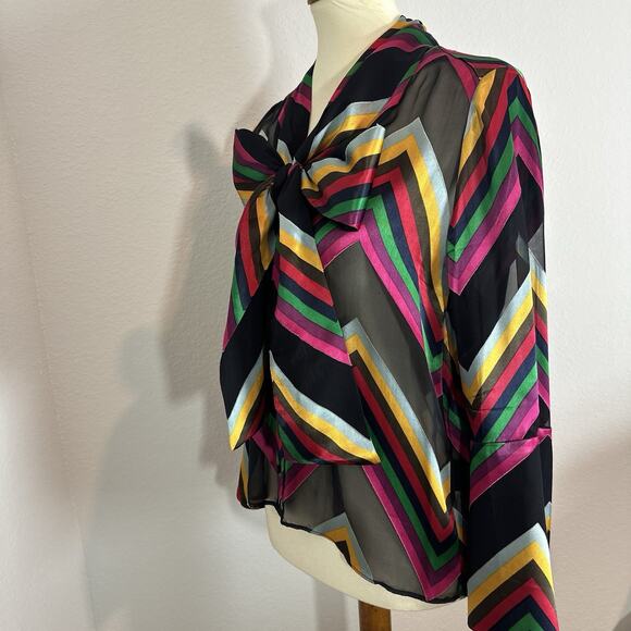 Alice + Olivia Colorful Striped Silk Bowtie Sheer Button Top Sz XS Blouse Preppy - Picture 4 of 12